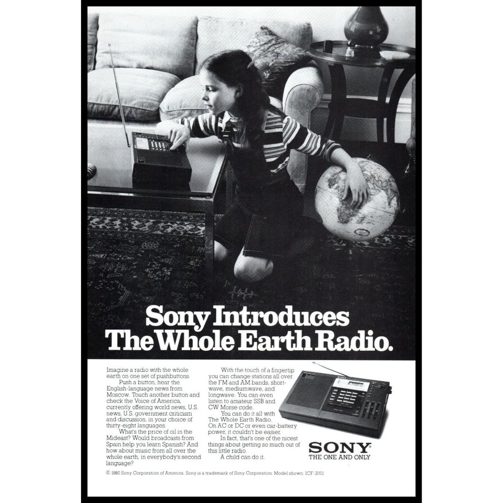 1980 Sony Whole Earth Radio ICF-2001 Vintage Print Ad Globe World Daughter Art